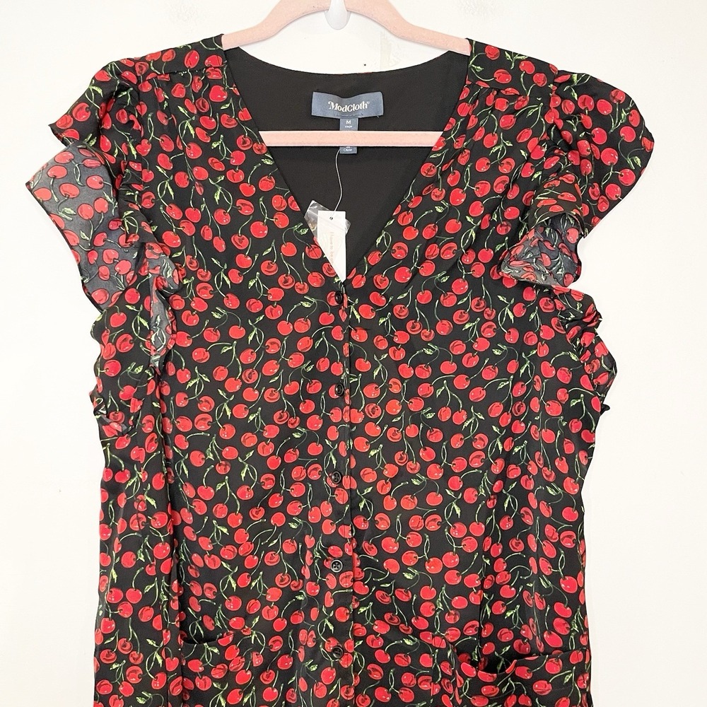 Modcloth Black Red Cherry Print Button Front Midi… - image 3
